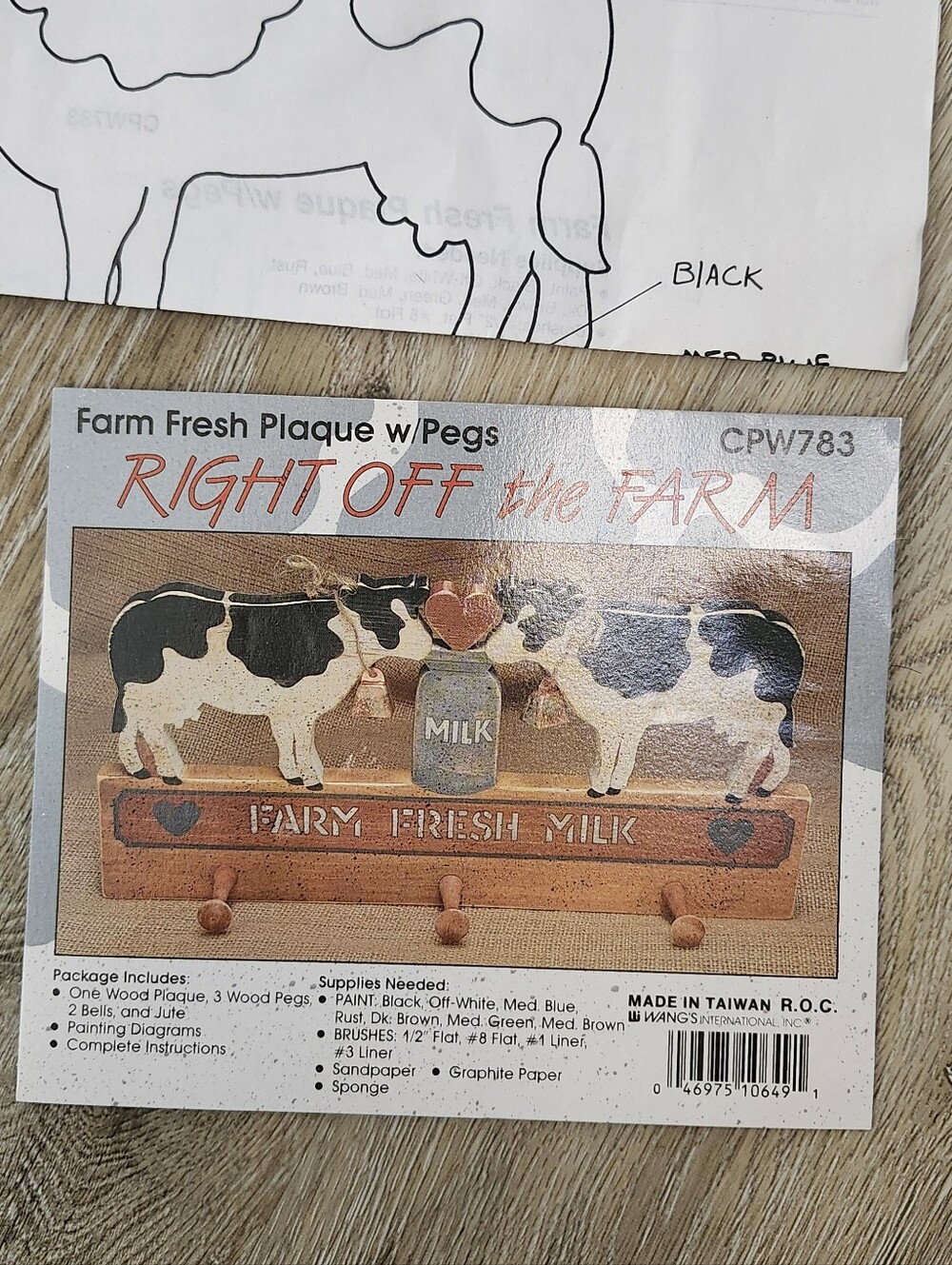 Vintage NEW Wang's International Cow Farm Fresh Wood Plaque With Pegs DIY KIT